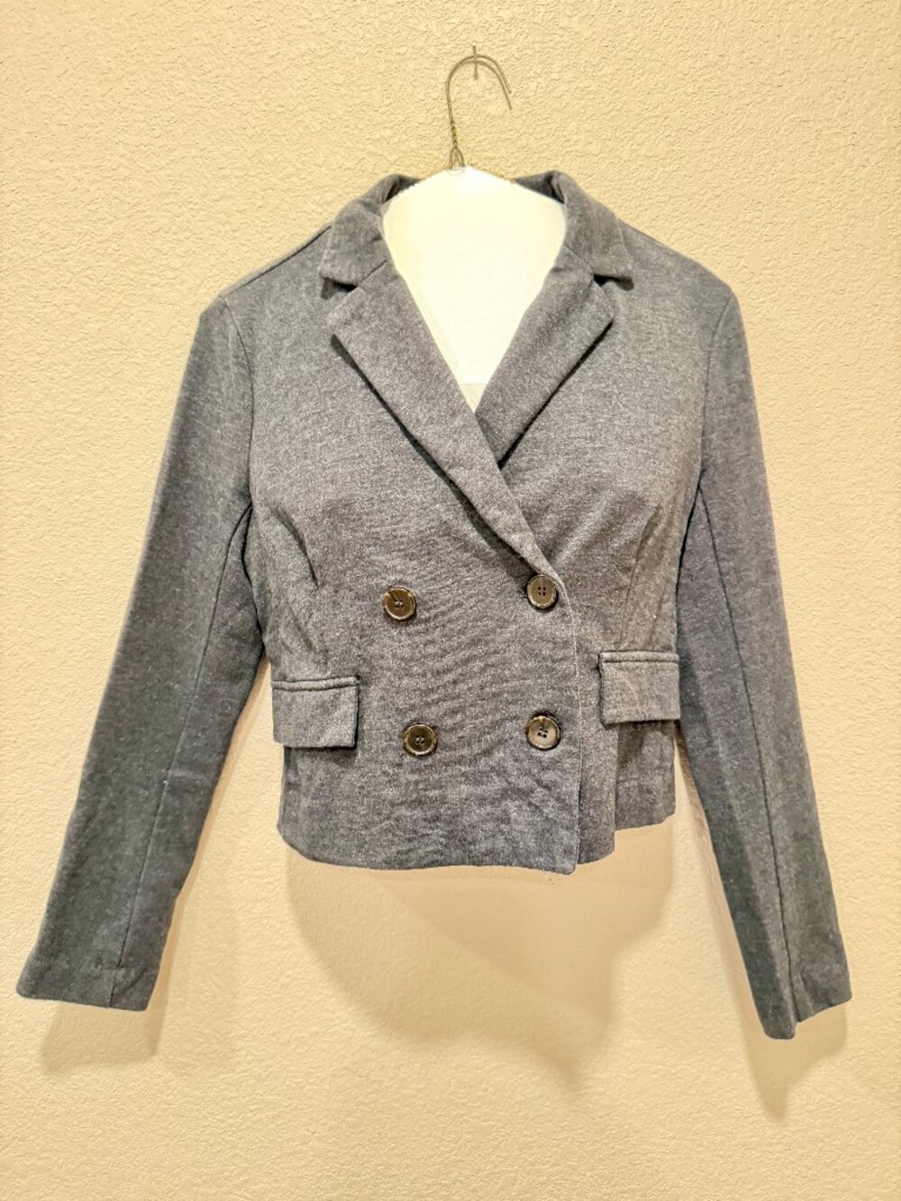 Forever 21 Gray Cropped Double Breasted Knit Blazer Elbow Patch Y2K Petite S